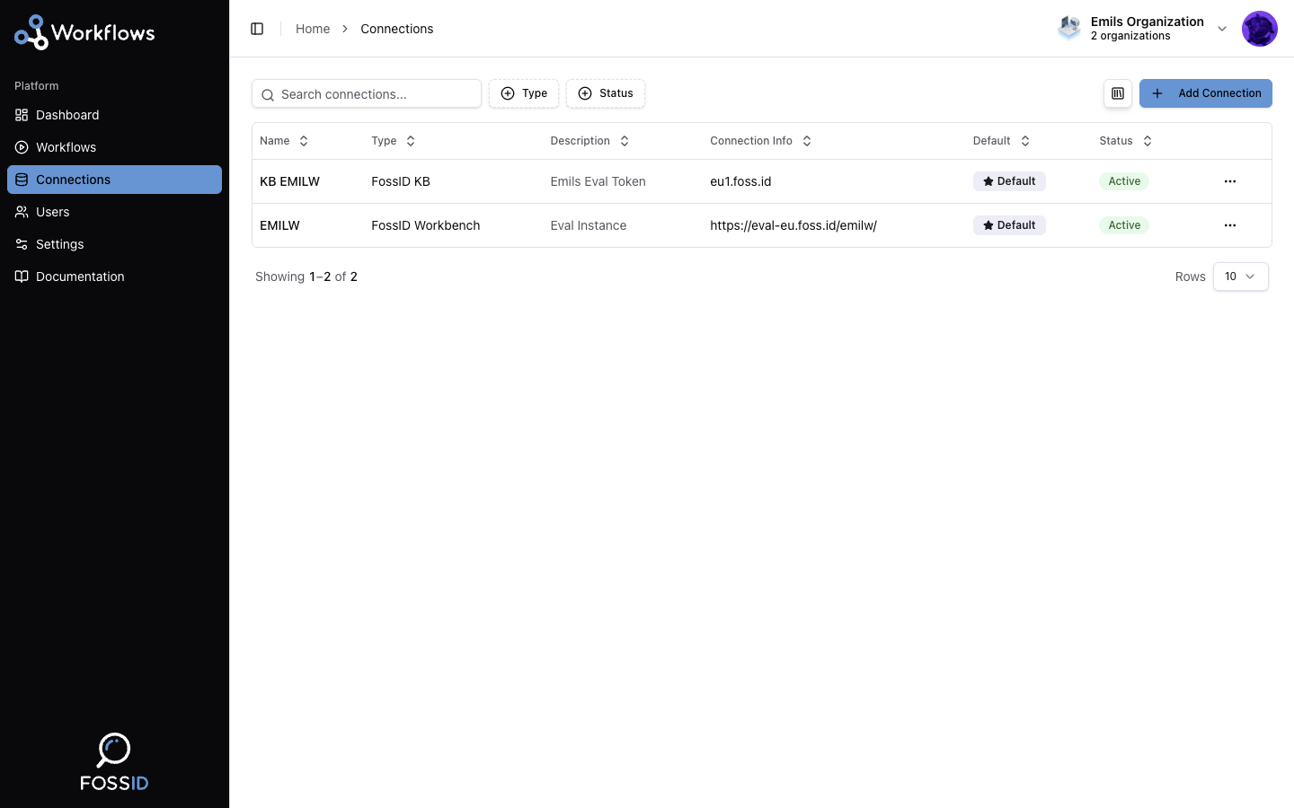 The connections list