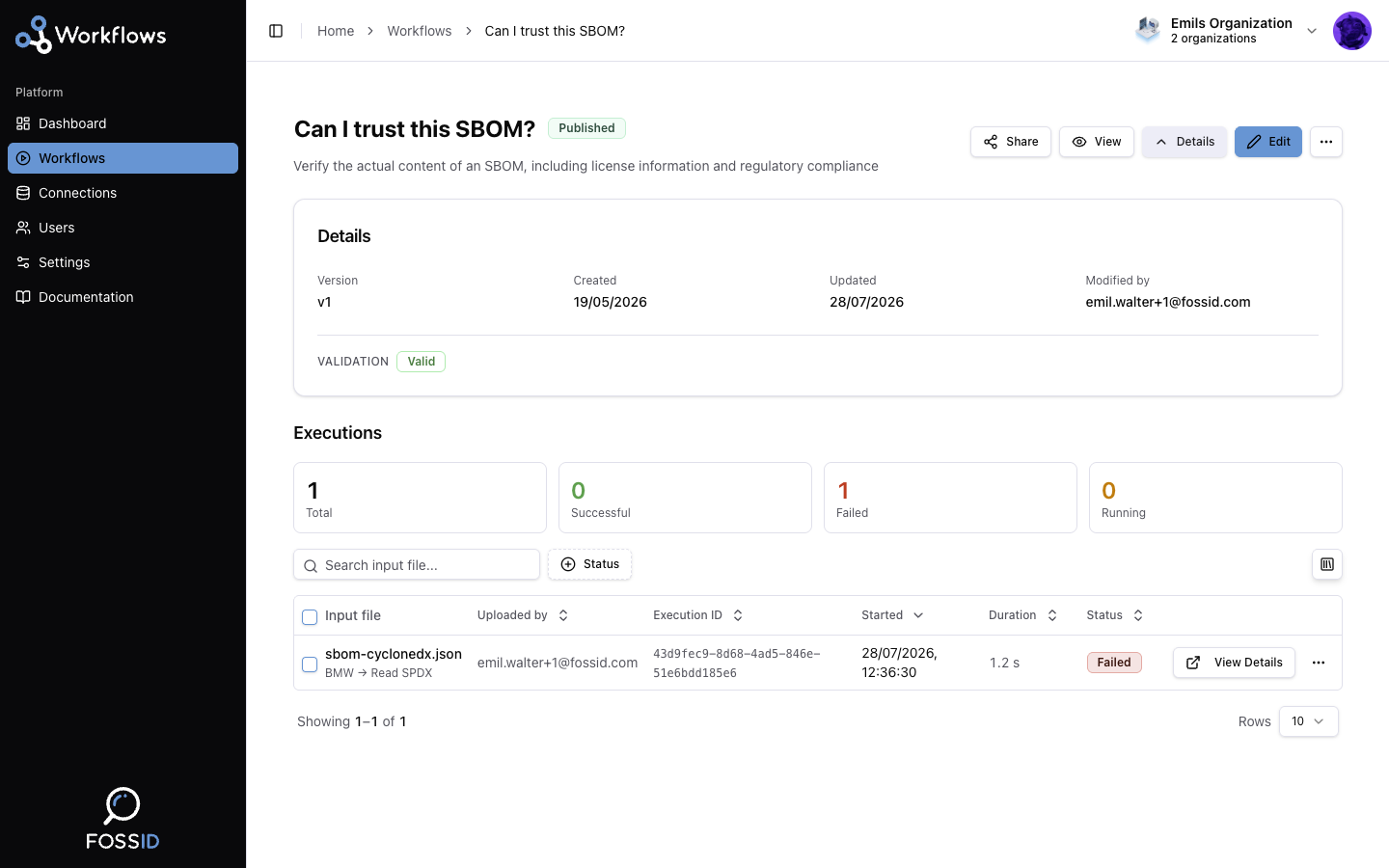A workflow's details page, listing its executions
